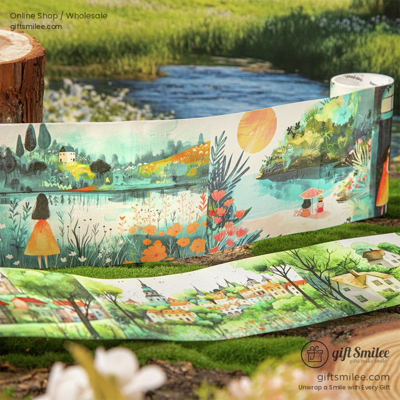 Artistic washi tape with serene lakeside views and vibrant seasonal colors