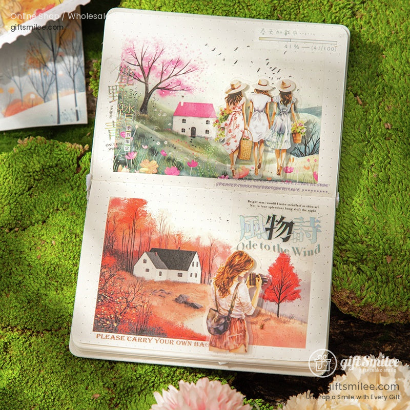 Open journal with countryside-themed washi tape embellishments