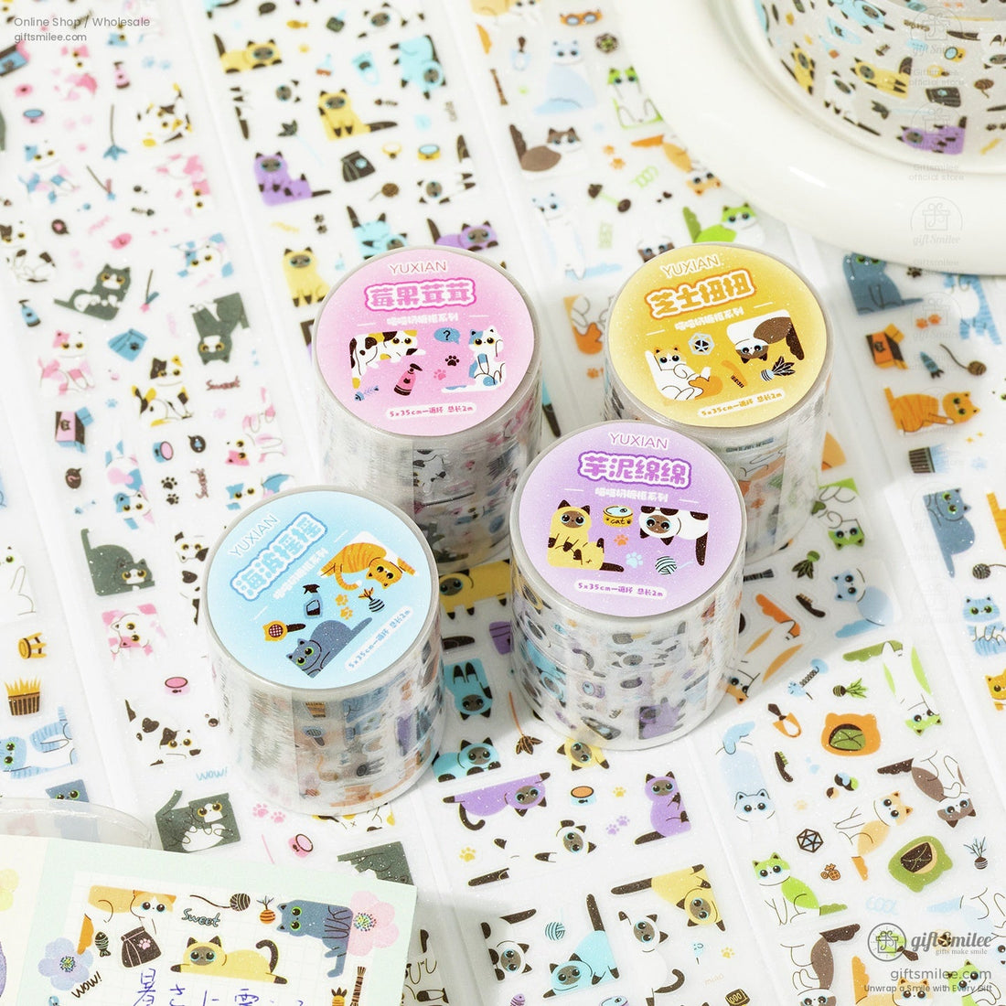 Close-up of washi tape design featuring kawaii cats in pastel colors with playful patterns