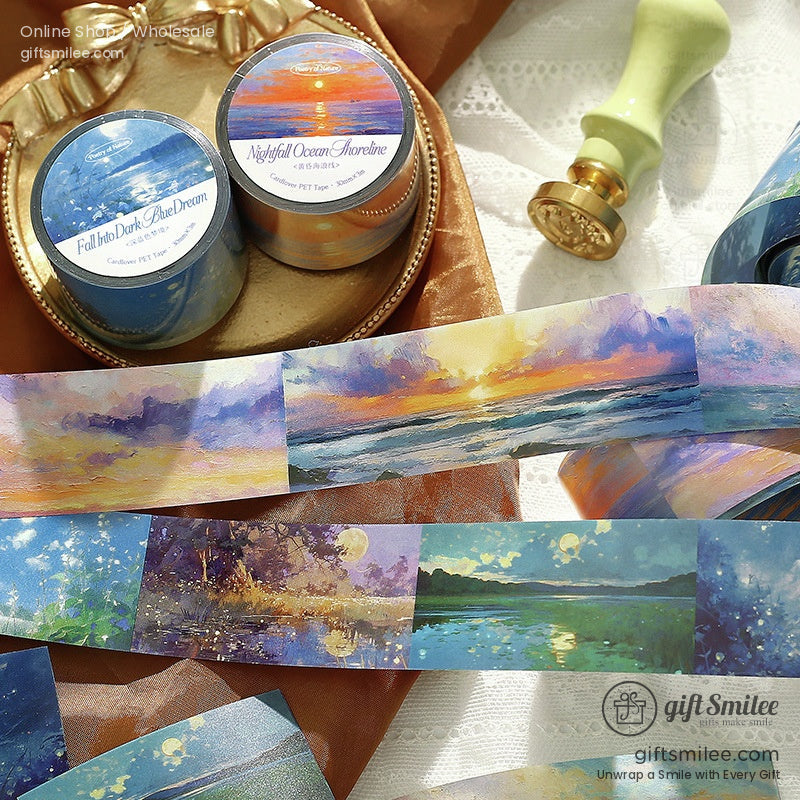 Ocean-inspired washi tape set featuring sunset, waves, and night sky illustrations