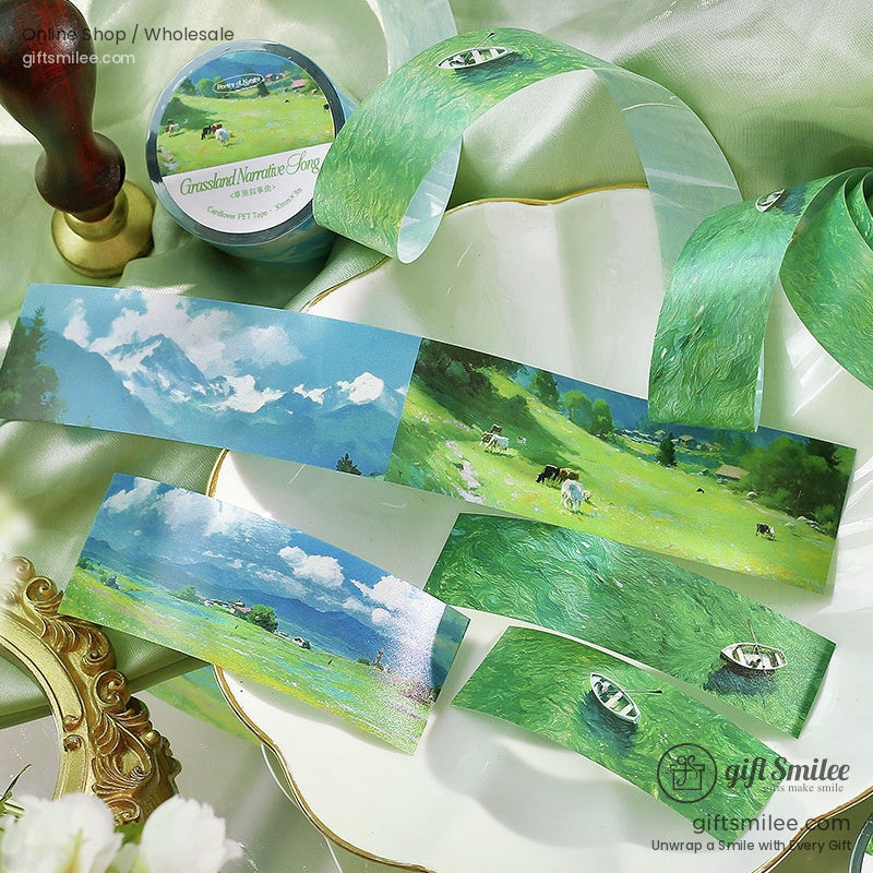 Grassland-themed washi tape with rolling hills, green meadows, and serene mountain views