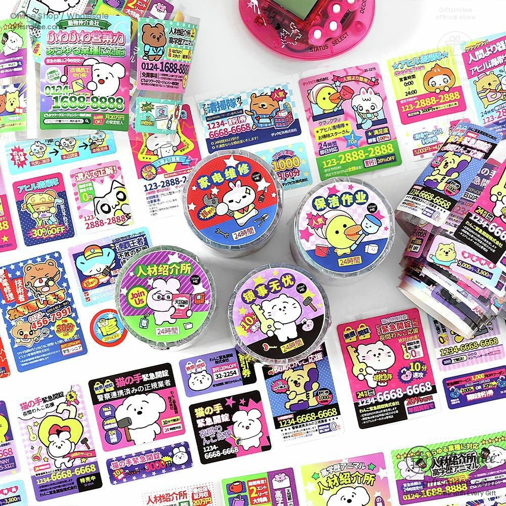 A colorful assortment of kawaii Japanese cartoon character stickers spread across a white surface