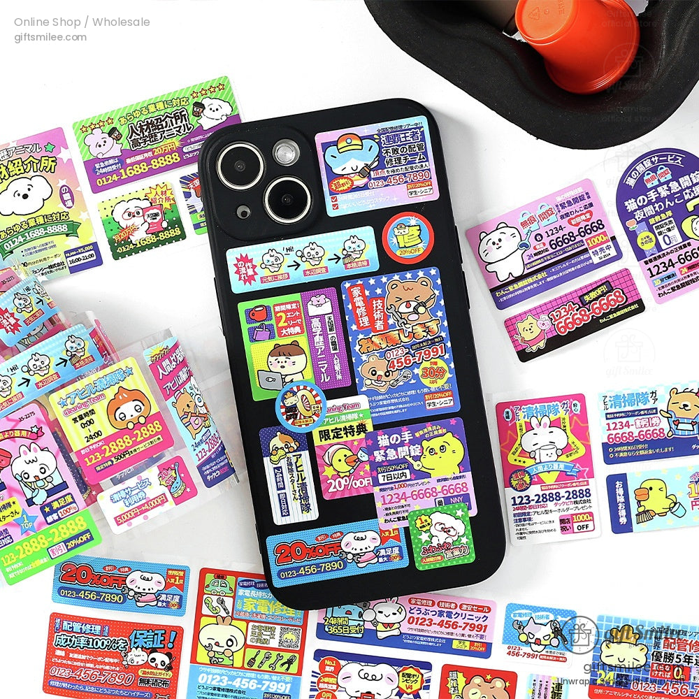 A phone case decorated with kawaii Japanese stickers showcasing playful and cheerful designs
