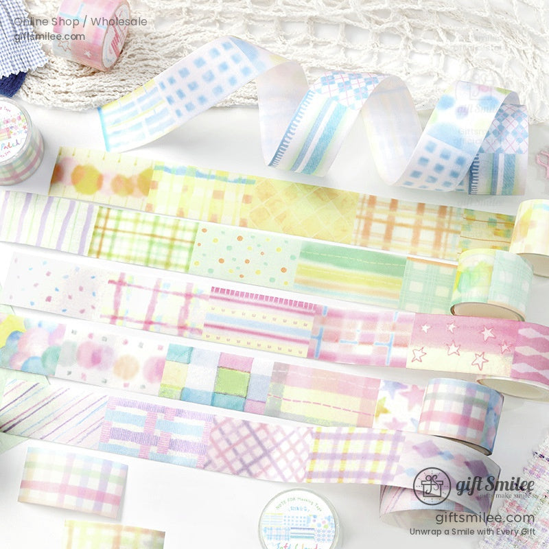 Colorful pastel candy patch washi tape rolls with unique patterns displayed on a crochet backdrop