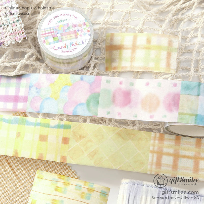 Colorful pastel candy patch washi tape rolls with unique patterns displayed on a crochet backdrop