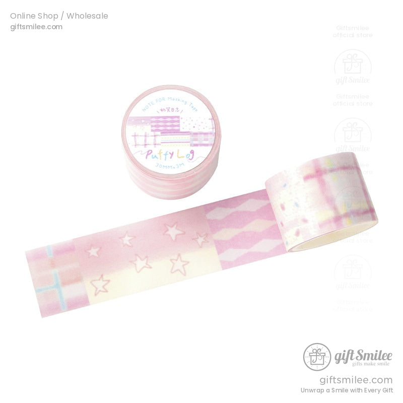 Single roll of pastel washi tape showcasing patchwork-inspired designs in soft colors