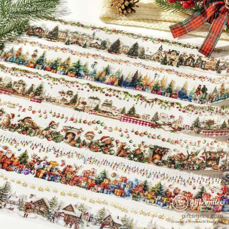 Assorted holiday washi tape featuring winter village scenes and Christmas trees