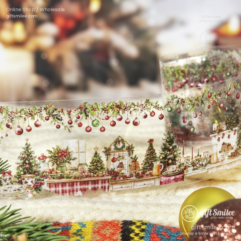 Festive washi tape roll with a cozy Christmas kitchen and holiday ornaments