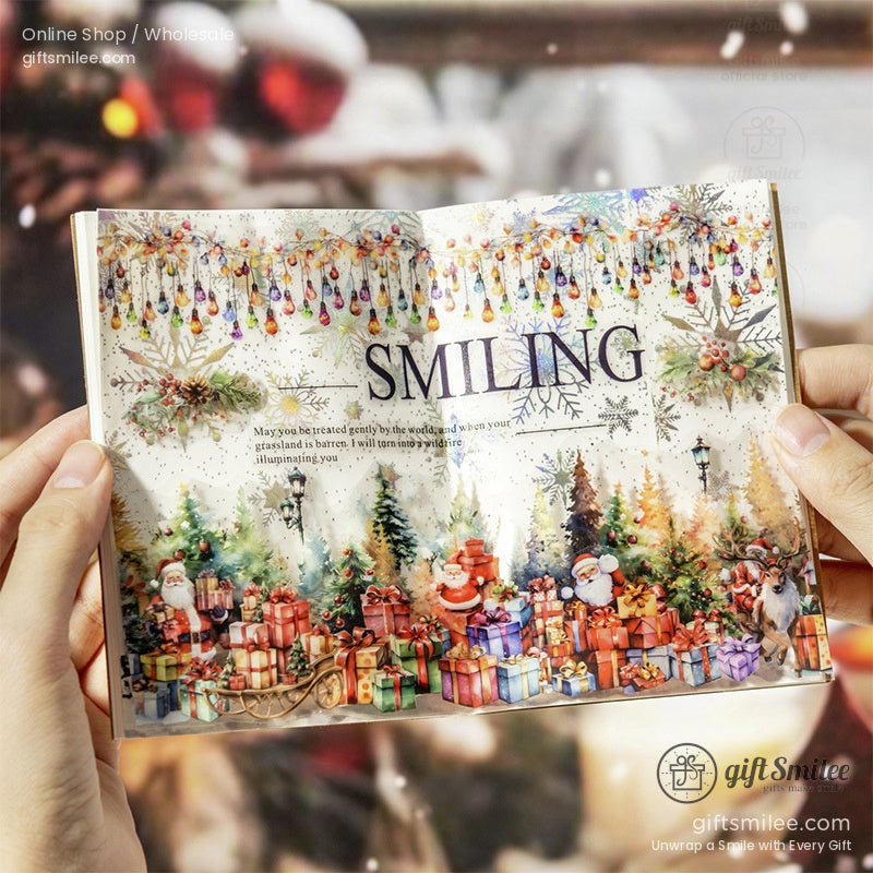 Open booklet showcasing colorful Christmas-themed washi tape designs with Santa and presents