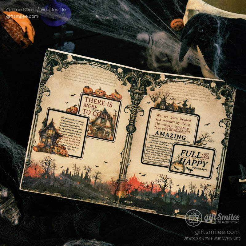 Halloween scrapbook open with gothic text, pumpkins, and haunted house illustrations