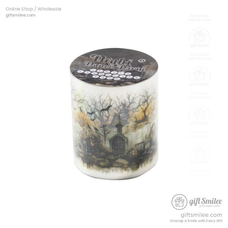 Close-up of a Halloween washi tape roll featuring a haunted church and eerie forest