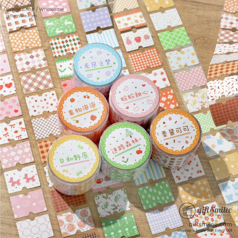 Six rolls of washi tape featuring adorable designs including polka dots, checkered patterns, and floral prints