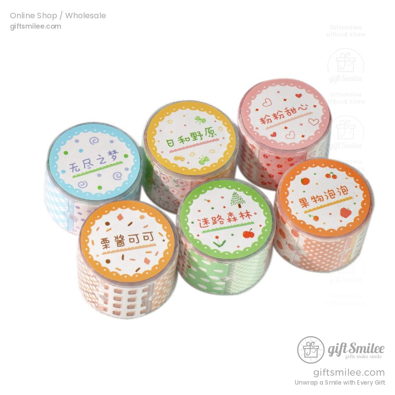 A set of six cute washi tape rolls in pastel colors and playful designs, ideal for scrapbooking and decorating