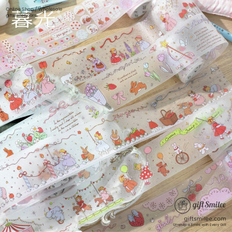 Close-up of vintage-inspired washi tapes with bunnies and floral designs