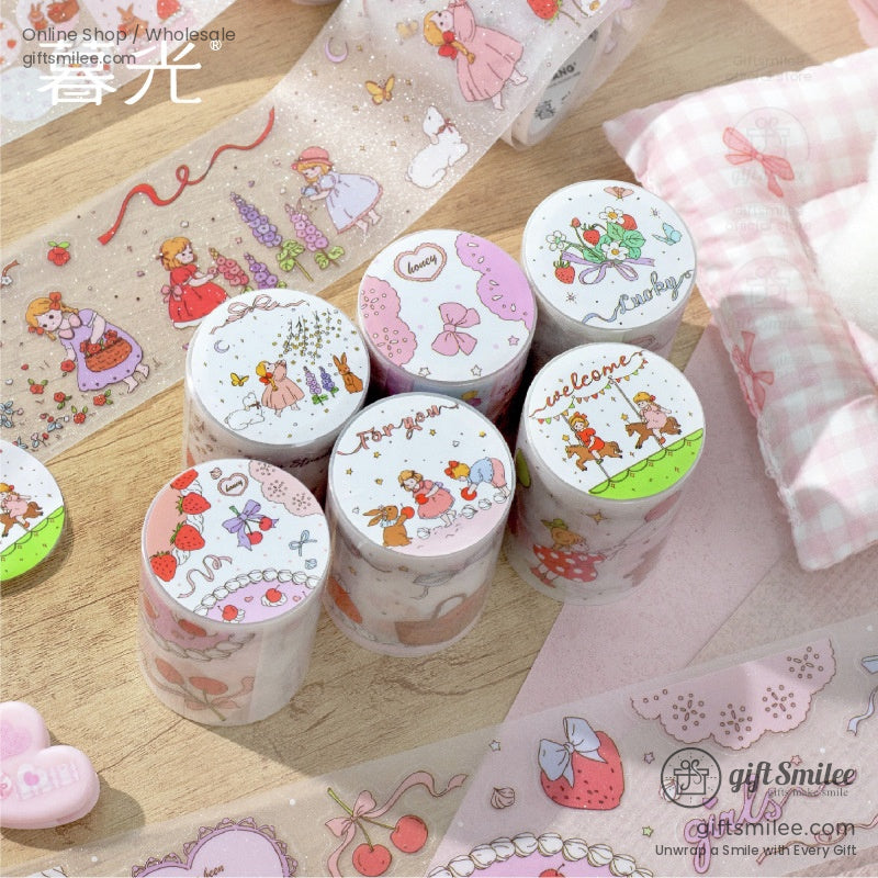 A set of whimsical washi tape rolls featuring charming storybook characters