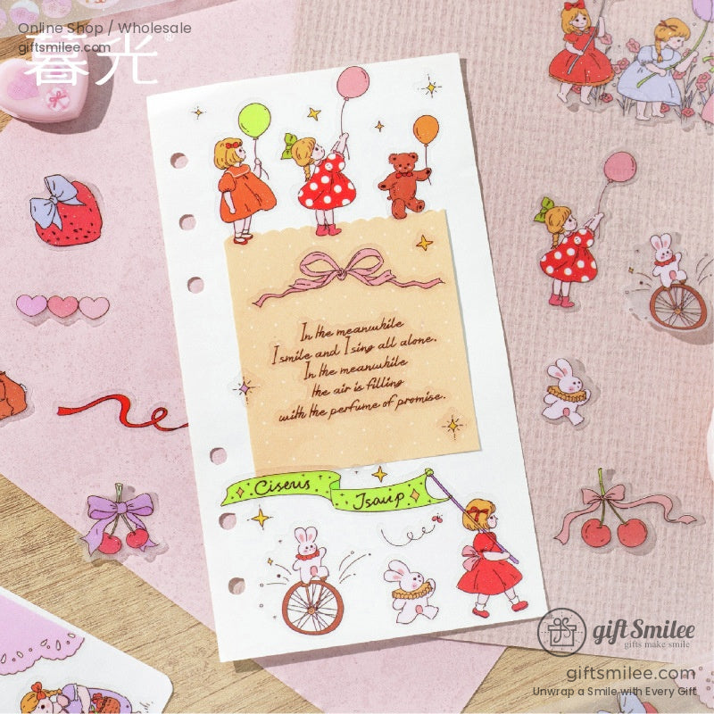 Decorative washi tape with pastel colors, featuring bunnies, flowers, and cute quotes