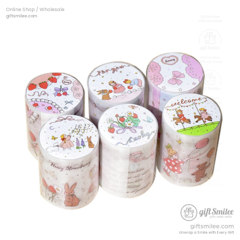 Assorted washi tape rolls with cute bunny, floral, and children’s storybook patterns