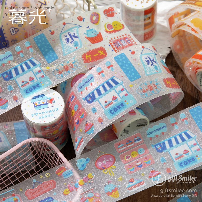 Kawaii dessert shop washi tape roll featuring ice cream and cakes