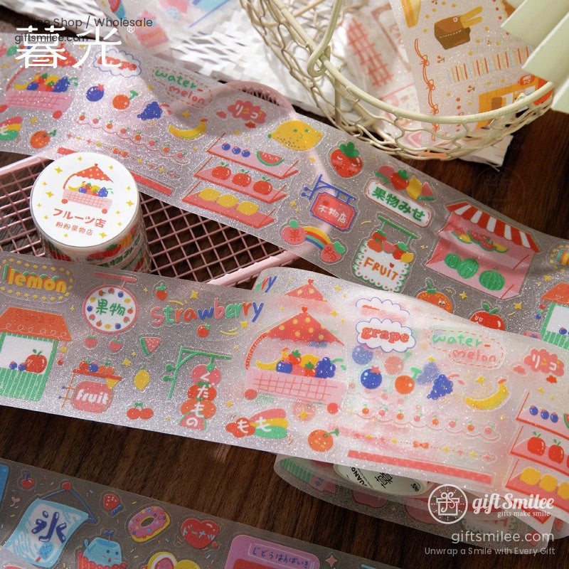 Bright fruit-themed glitter washi tape with strawberries, watermelons, and bananas