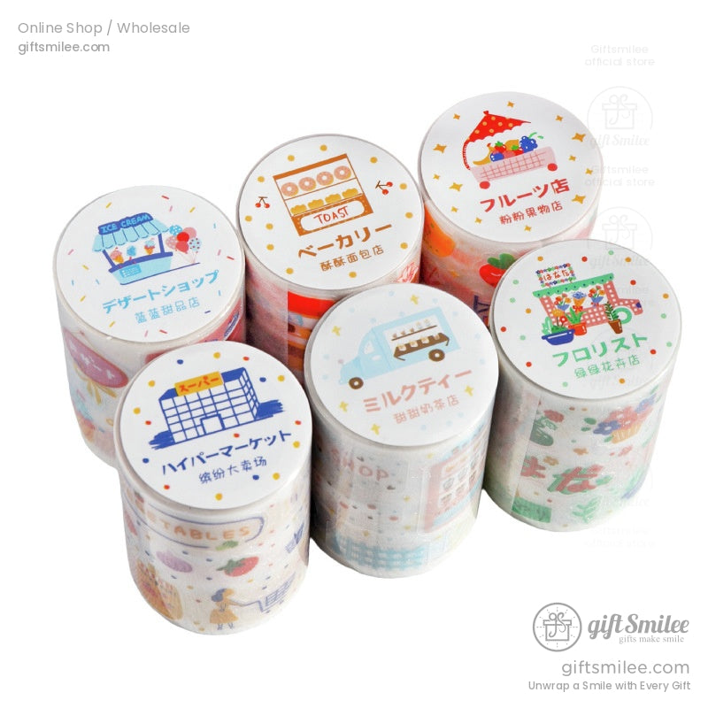 Full set of kawaii glitter washi tape rolls in bakery, supermarket, and fruit designs