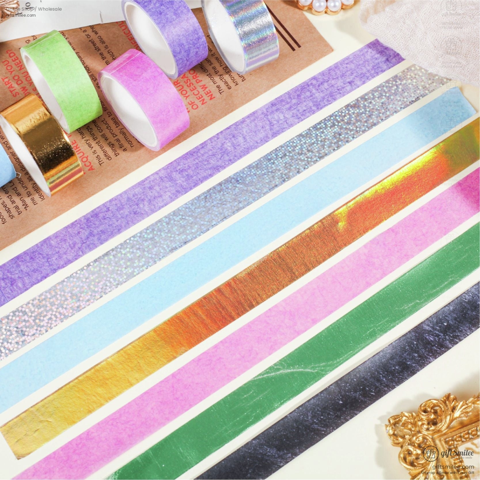 A close-up of vibrant washi tape strips laid flat, showcasing shimmering designs