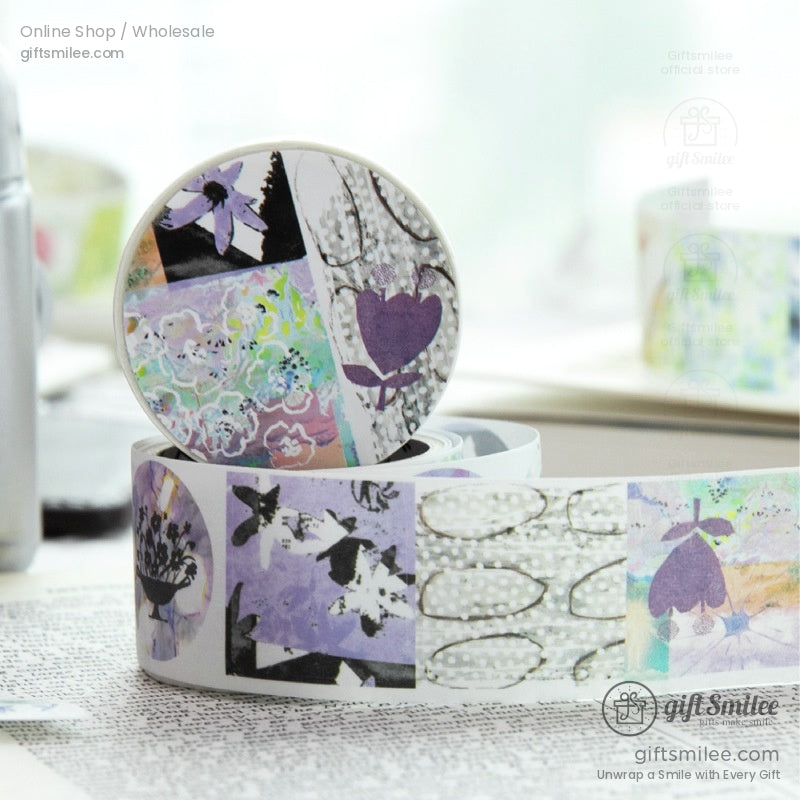 A single vintage washi tape roll showcasing intricate purple and floral designs on a retro background