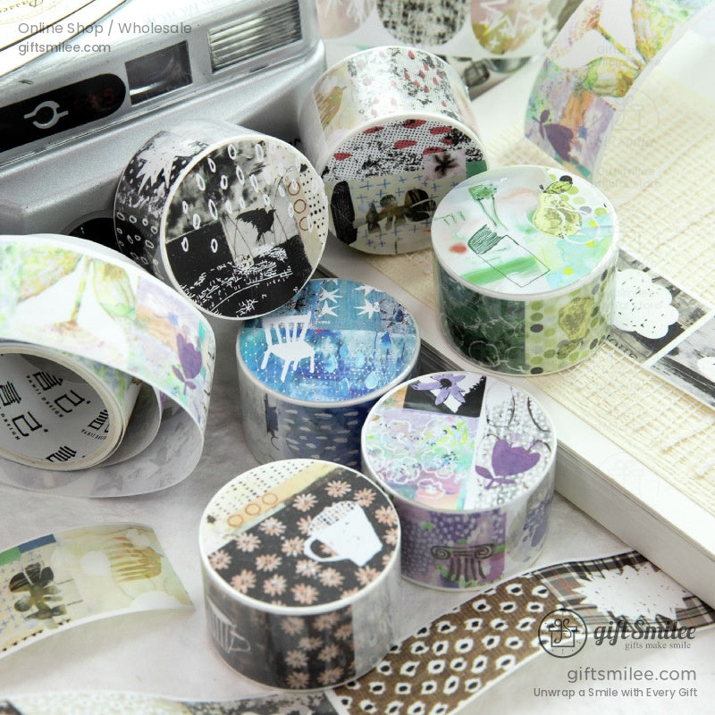 A collection of vintage washi tape rolls featuring diverse patterns, ideal for creative journaling and scrapbooking