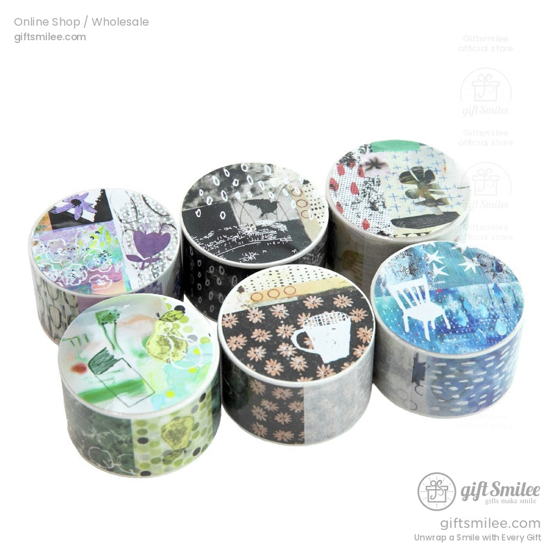 Six vintage collage washi tape rolls in various designs, showcasing retro and artistic themes for crafting projects