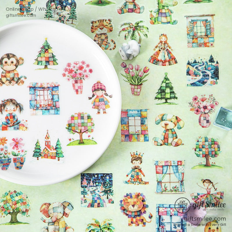 A flatlay of patchwork-themed washi tape designs featuring animals, flowers, and trees on a pastel green background