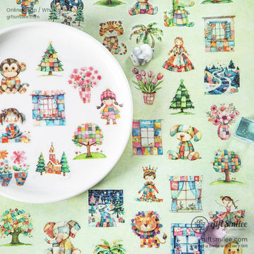 A flatlay of patchwork-themed washi tape designs featuring animals, flowers, and trees on a pastel green background