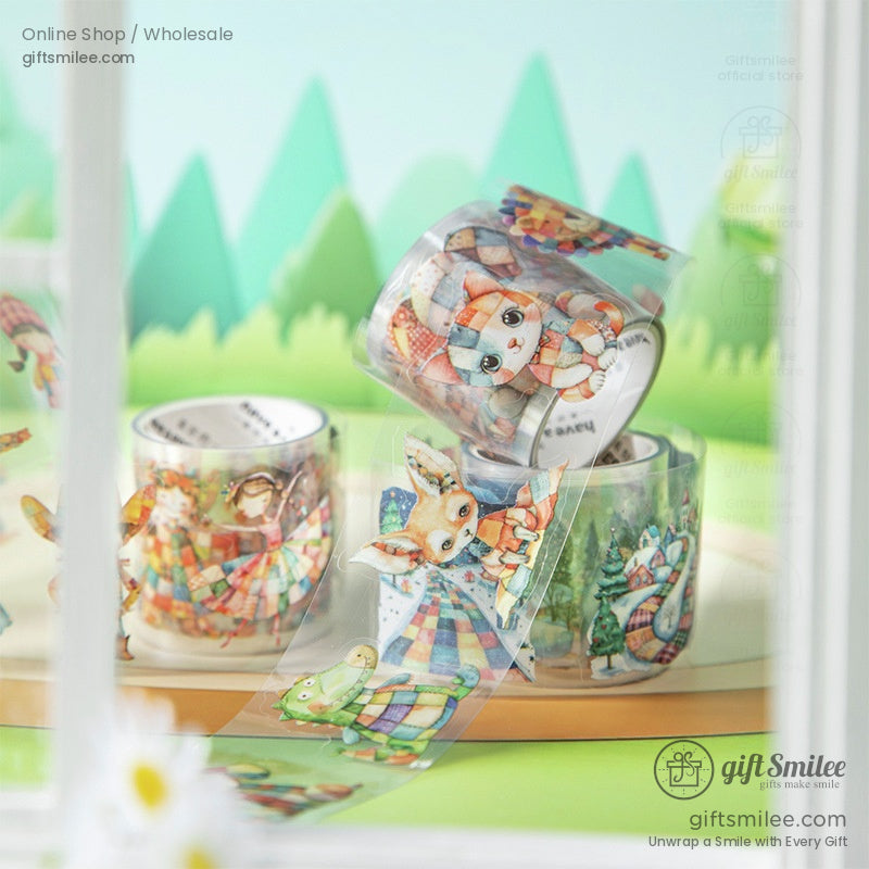 A flatlay of patchwork-themed washi tape designs featuring animals, flowers, and trees on a pastel green background