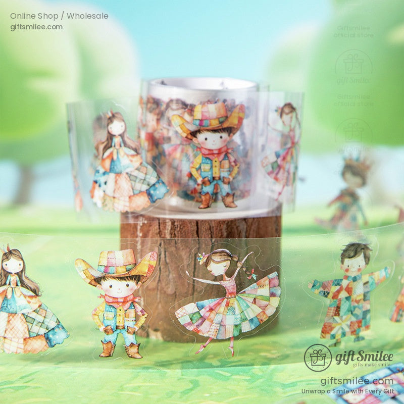 Patchwork cowboy and ballerina washi tape designs wrapped around a wooden display under a whimsical forest setup