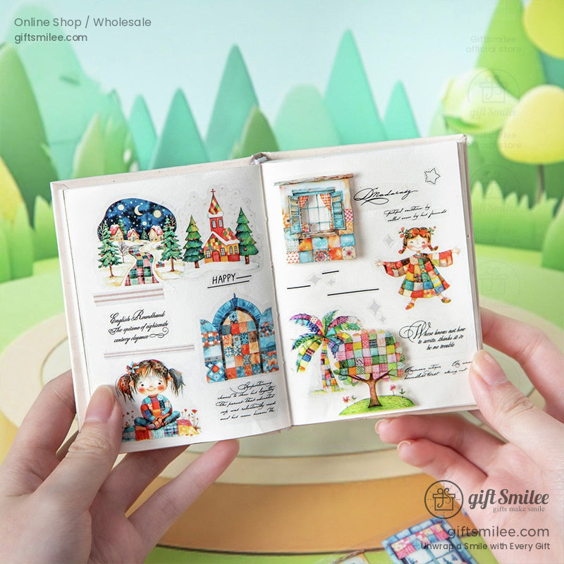 A scrapbook spread showcasing patchwork-themed stickers of windows, flowers, and adorable characters