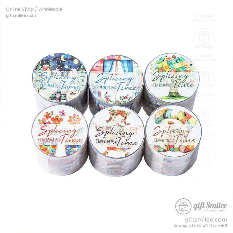 A full set of patchwork washi tapes stacked vertically with whimsical designs of animals, flowers, and scenes