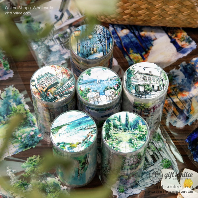 A collection of world scenery sticker rolls with vibrant artistic designs