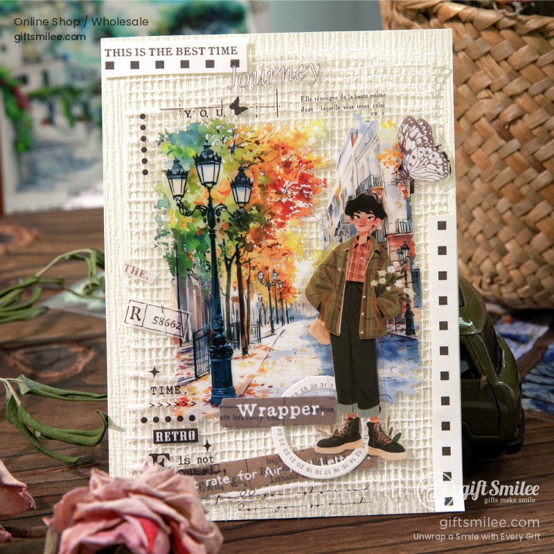 A handmade journaling page decorated with retro travel washi stickers