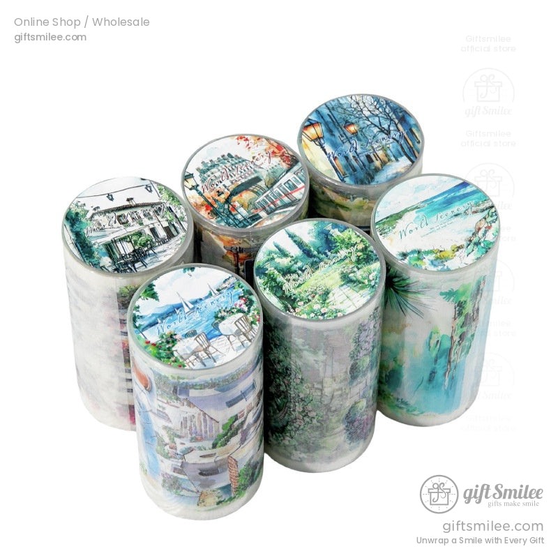 Six retro-inspired scenic washi tape rolls arranged together in a minimalistic display