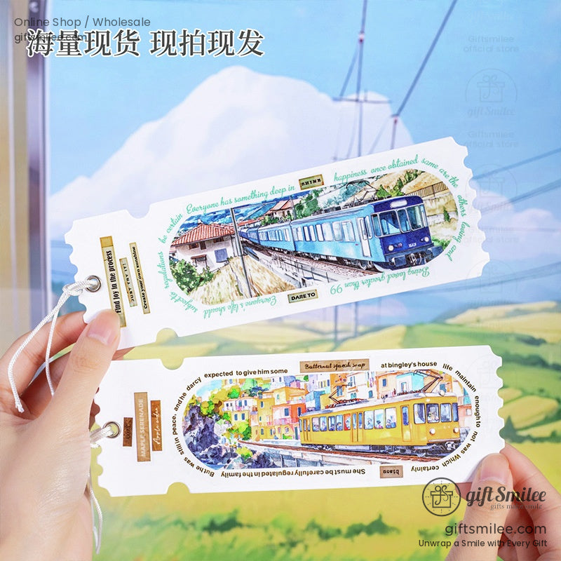 Train-themed decorative tags with detailed railway scenes, perfect for artistic projects or scrapbooking