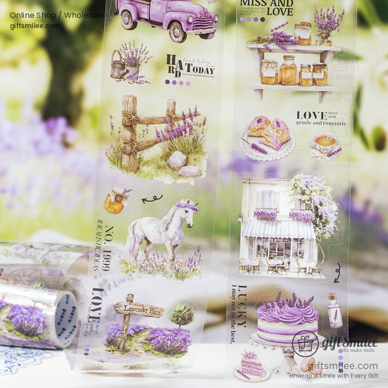 A purple vintage pickup truck with lavender flowers in the back, featured on a washi tape roll