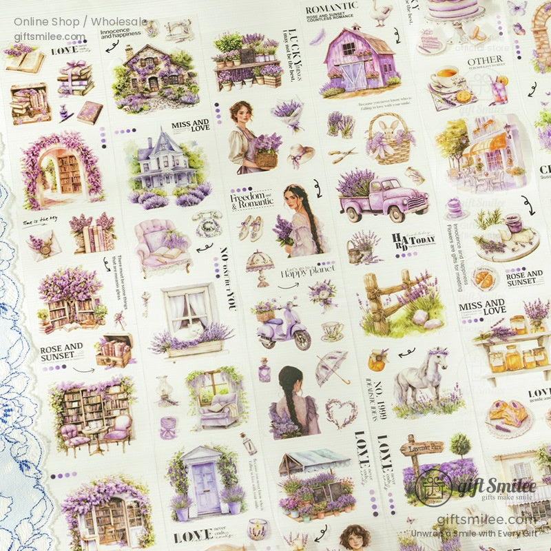 A purple vintage pickup truck with lavender flowers in the back, featured on a washi tape roll