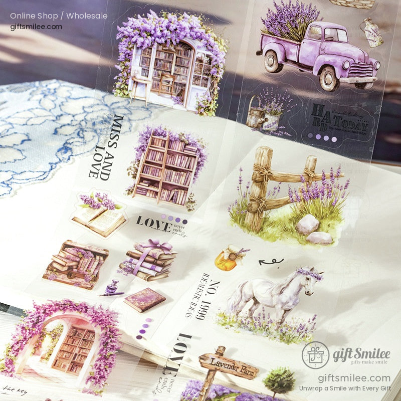 A rustic wooden fence surrounded by lavender blooms, beautifully illustrated on the sticker
