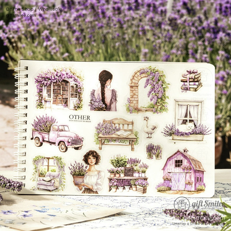 A collection of lavender-themed stickers, including a cottage, lavender bouquets, and vintage details, on washi tape