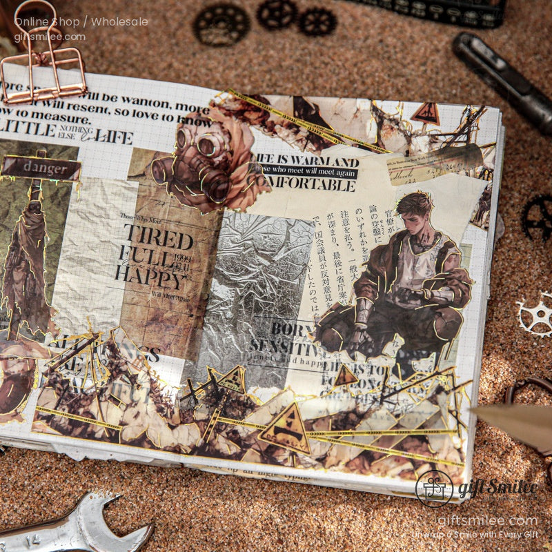 Creative journal page decorated with vintage and steampunk-themed washi tapes and ephemera
