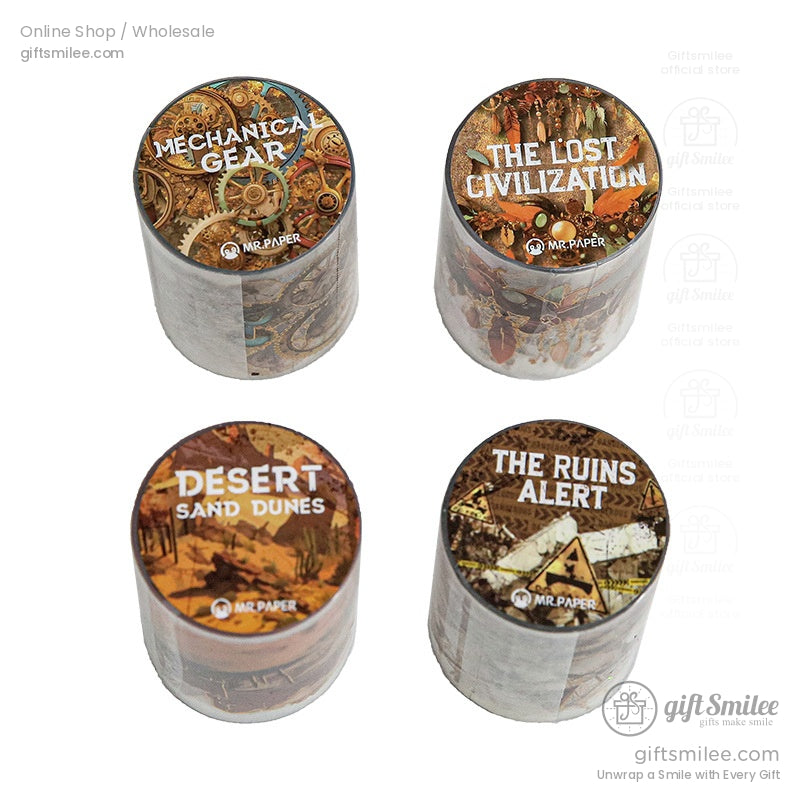 Four steampunk washi tape rolls – Mechanical Gear, The Lost Civilization, Desert Sand Dunes, and Ruins Alert