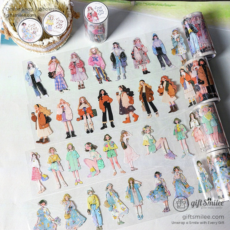 Fashionable girl-themed washi stickers on a light background