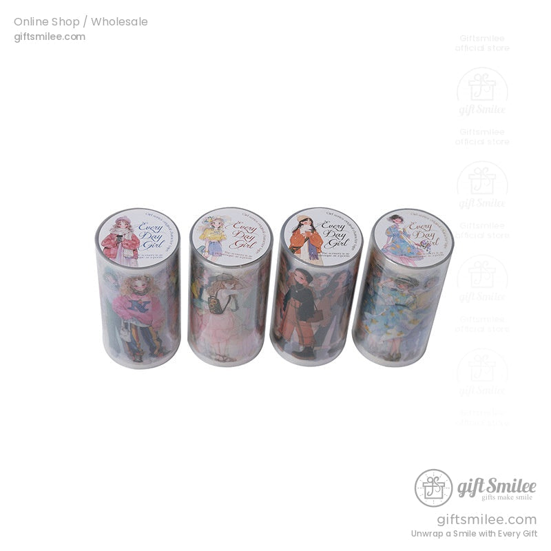 Four rolls of trendy girl-themed washi stickers in clear packaging