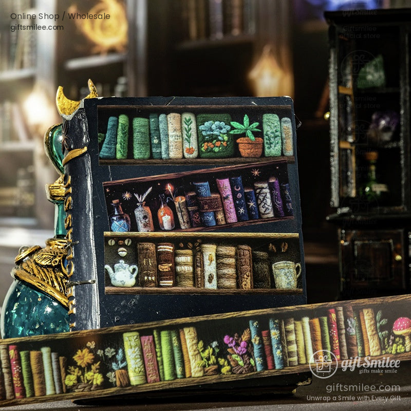 A washi tape roll showcasing a whimsical bookshelf pattern with potted plants, spellbooks, and glowing lanterns