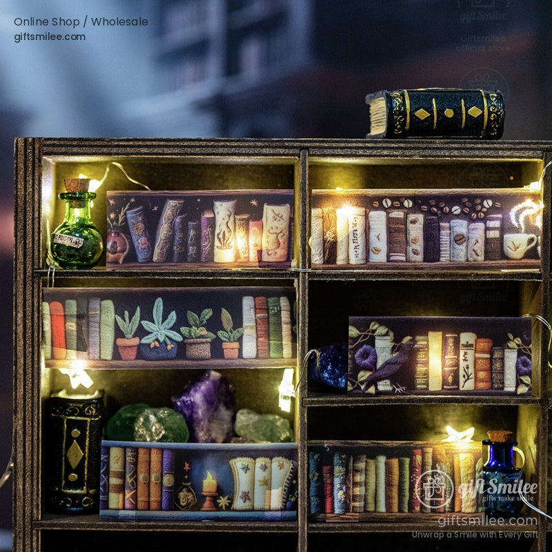 Miniature wooden shelf decorated with illuminated bookshelf-themed washi tape, glass potion bottles, and crystals