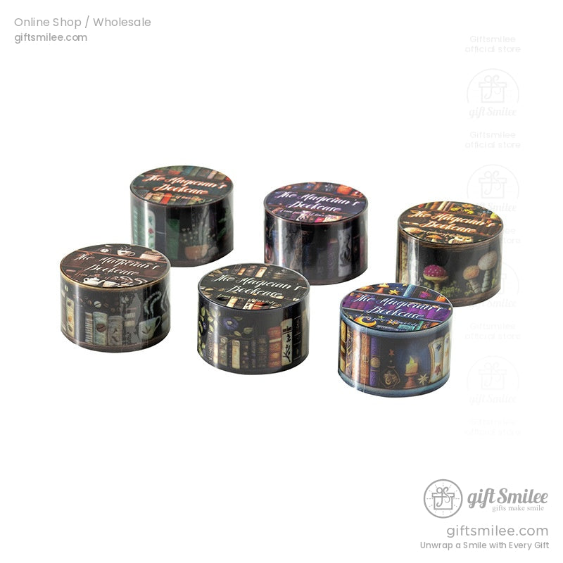 Set of six washi tape rolls with various enchanting bookshelf designs, perfect for crafting and scrapbooking