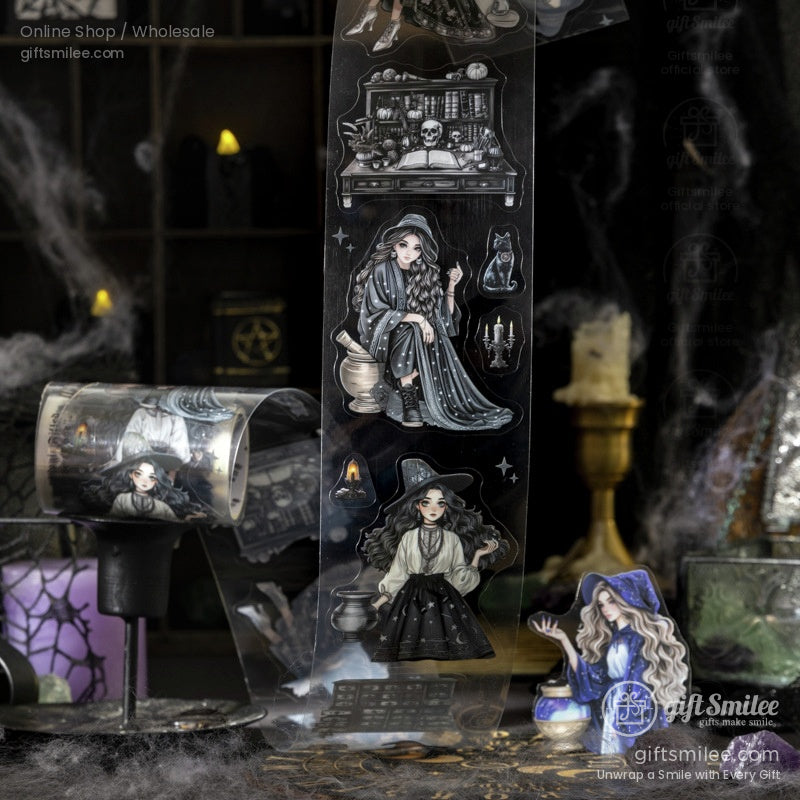 Close-up of witch-themed washi tape roll featuring illustrations of witches, cauldrons, and magical symbols in a gothic aesthetic